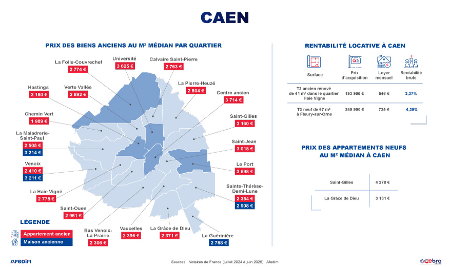 Carte des prix pour la ville de Caen.