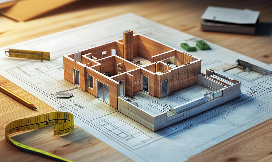 Illustration du calcul de la surface habitable d’une maison avec plan et mètre ruban.