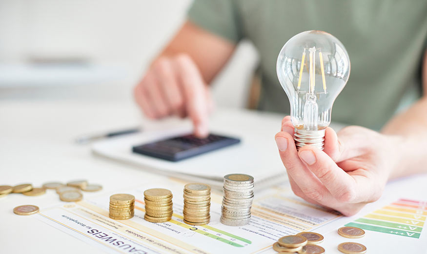 Personne tenant une ampoule dans une main et tapant sur une calculatrice dans l’autre, avec feuille d’audit énergétique en-dessous et des pièce de monnaie devant.