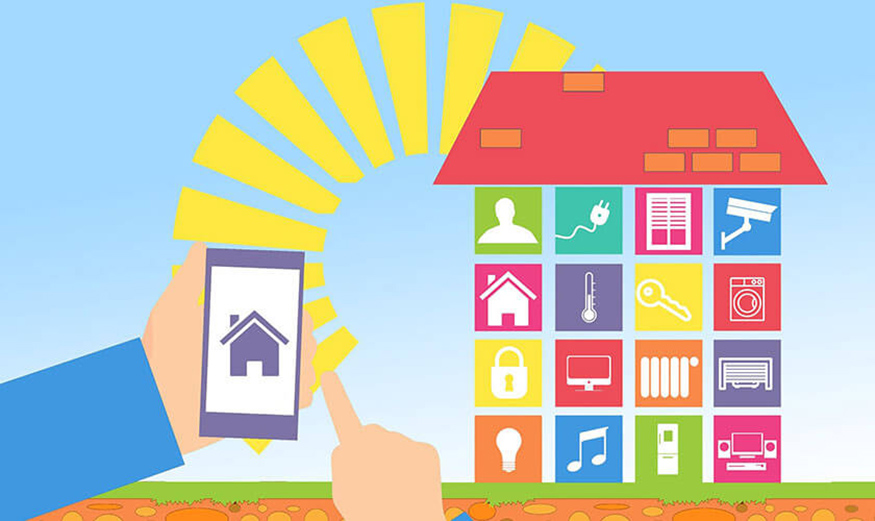 Illustration d’une maison domotique où un smartphone contrôle tous les appareils électriques.