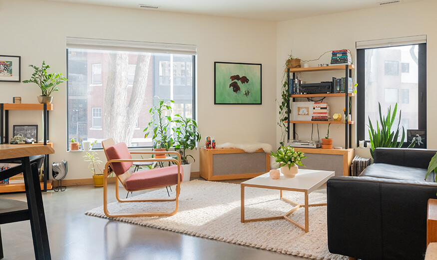 Salon d’appartement meublé et aménagé avec canapés, table, étagères et table basse.