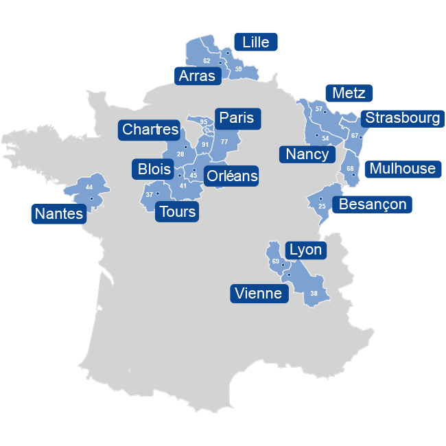 Carte de France localisant les territoires où AFEDIM Transactions est présent : l'Alsace (Bas-Rhin 67 / Haut-Rhin 68), l'Ile-de-France (77, 91, 92, 93, 94), la Moselle (57), Blois (41), Chartres (28), Lyon (69), Tours (37), Orléans (45), Vienne (38) et Villefranche-sur-Saône (69).